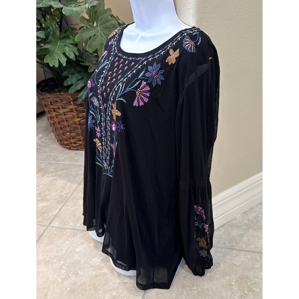 Style Co Black Mesh Embroidered Floral Peplum Top Sz XL Long Sheer Lined Boho - Picture 4 of 11